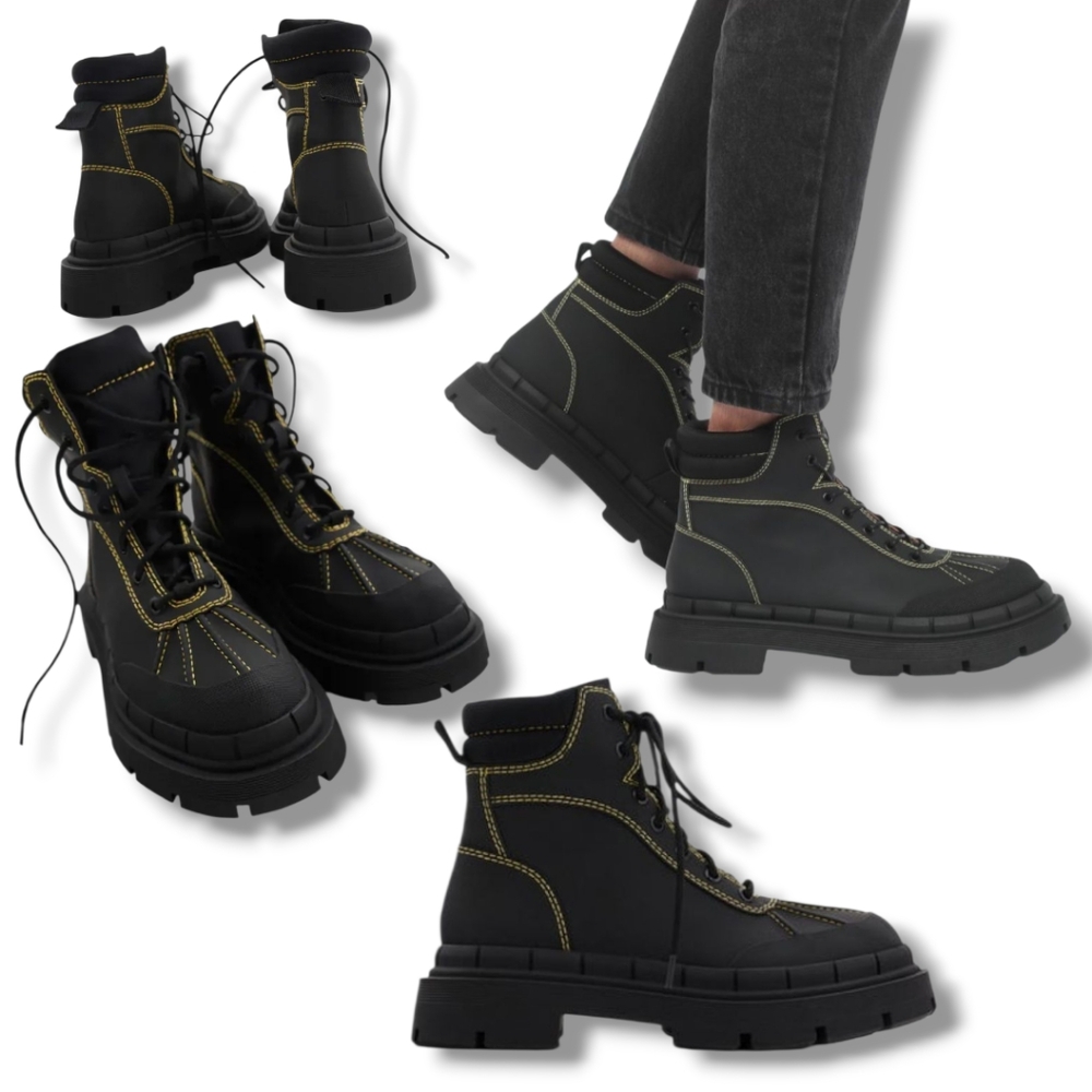 Like New 🌸 Zara Women's Dark Brown Rubberized Yellow Stitching Ankle Boots